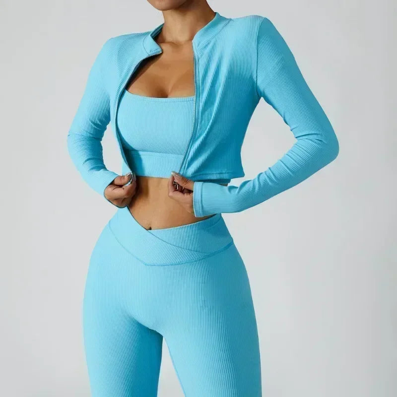 Bright Blue Menage A Trois Set - Push up sports bra, high waisted tummy control with booty lifting technology